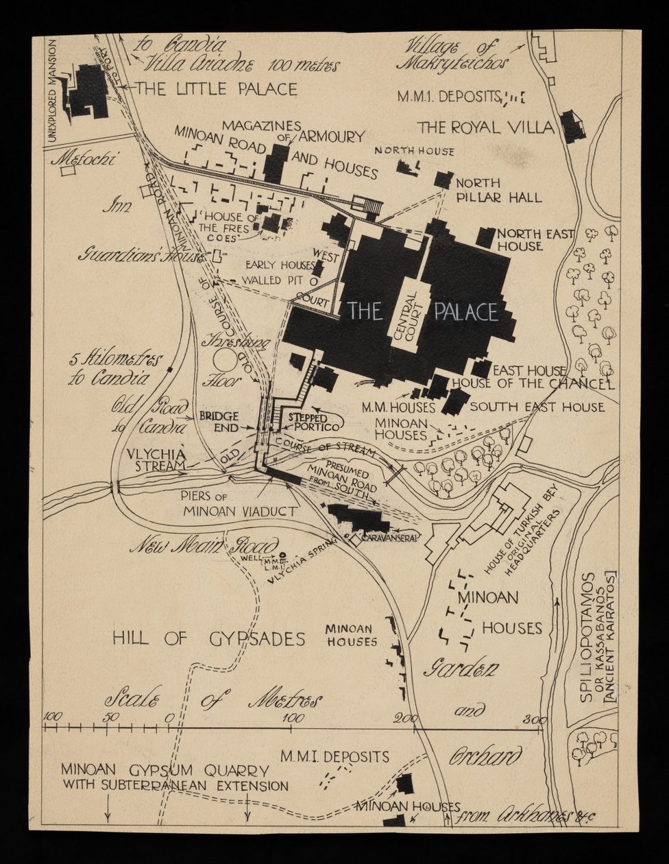 Mapa budov Knossos obklopujících palác, circa 1903 od Theodore Fyfe