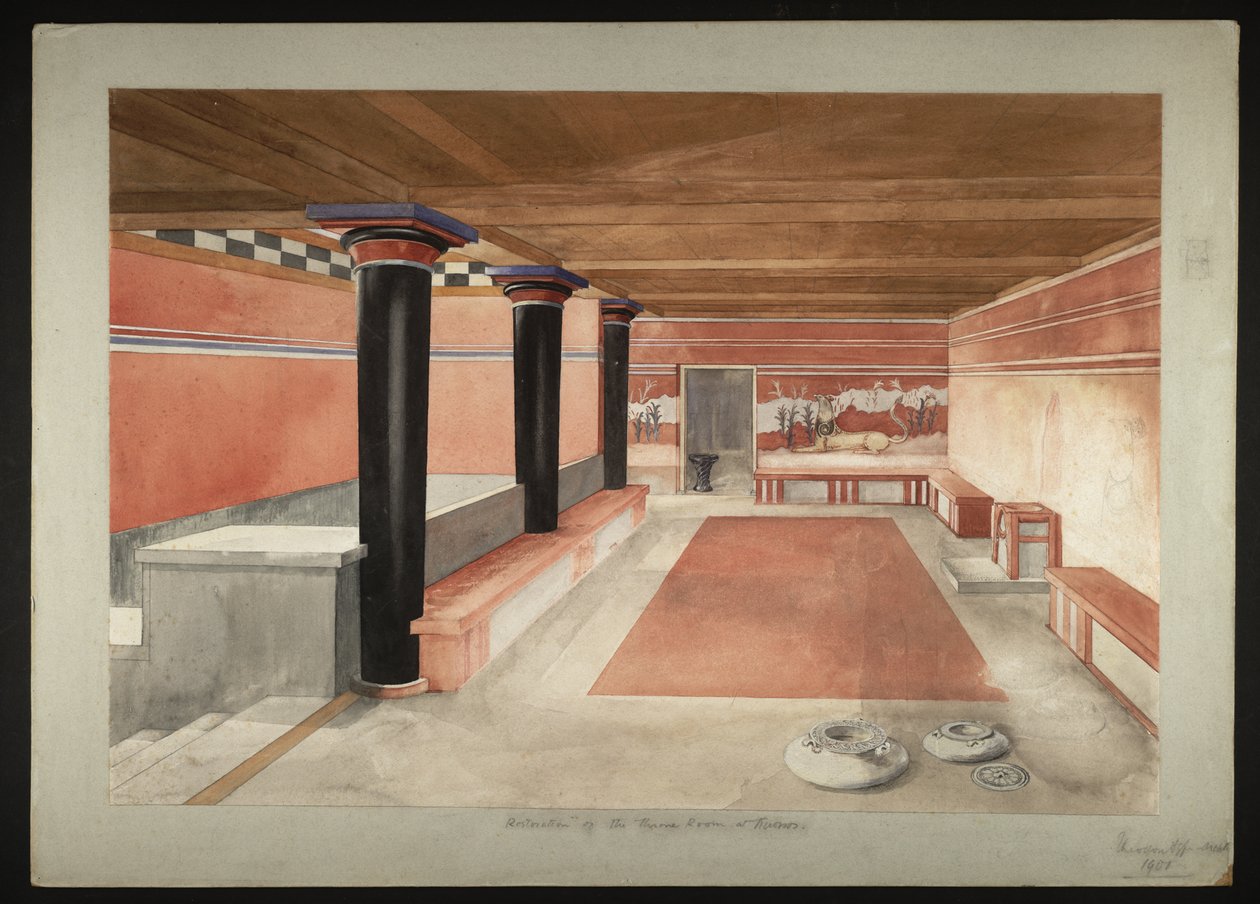 Malba přepracovaného trůnního sálu paláce Minos v Knossosu (Evans Fresco Drawing B/4 a)) od Theodore Fyfe