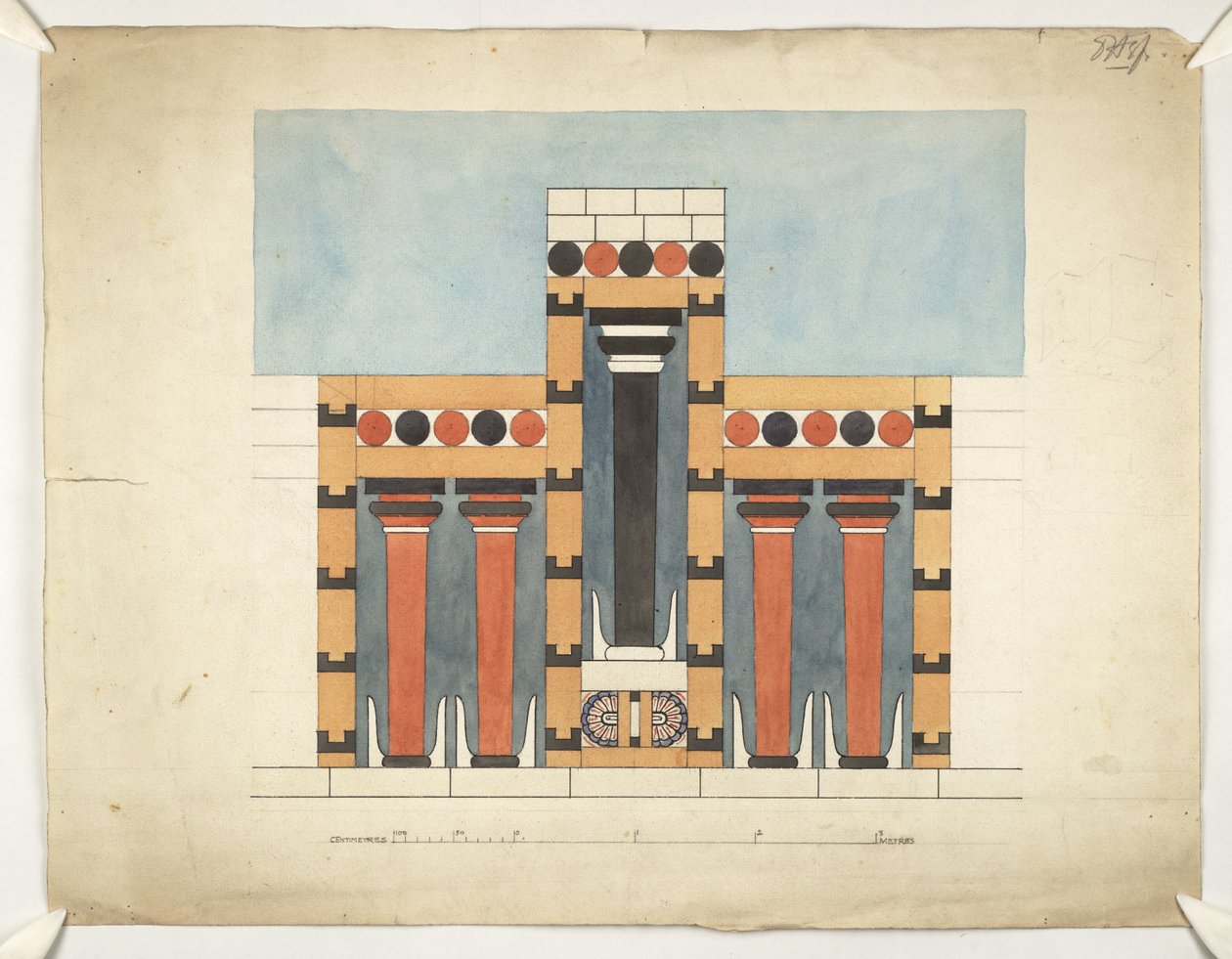 Obraz přetvářející centrální trojstrannou svatyni v centrálním nádvoří paláce Minos v Knossosu (Evans Architectural Plans WW/15) od Theodore Fyfe