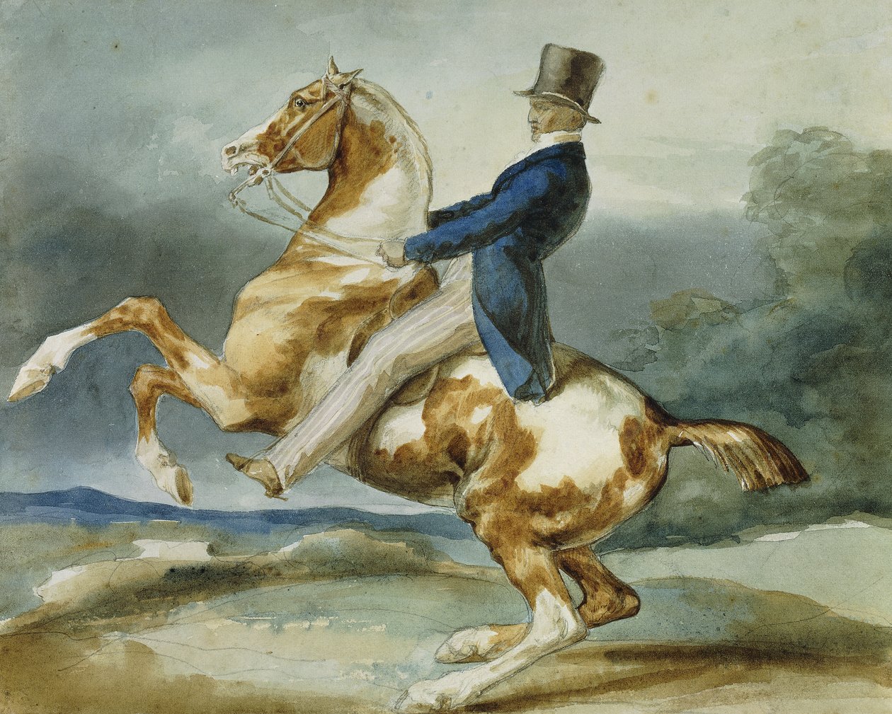 Jezdec a jeho chovný kůň; Un Cavalier Cabrant, syn Cheval, od Theodore Gericault