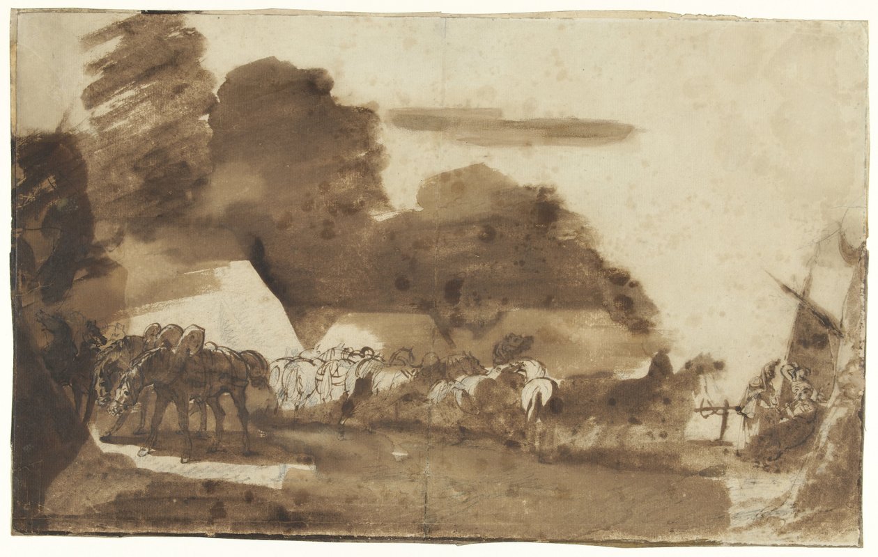 Bivak s koňmi a vojáky od Theodore Gericault