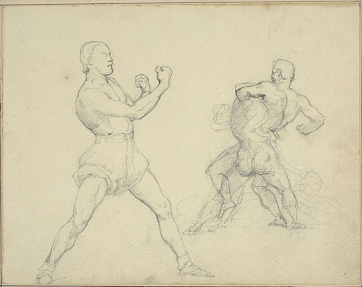 Boxer tváří vpravo a dva zápasící muži od Theodore Gericault