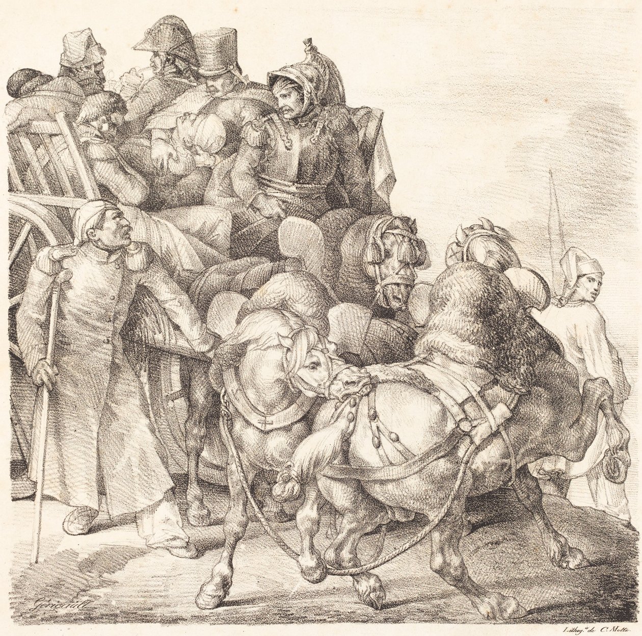 Vozík plný zraněných vojáků (Chariot charge de soldats žehná) od Theodore Gericault