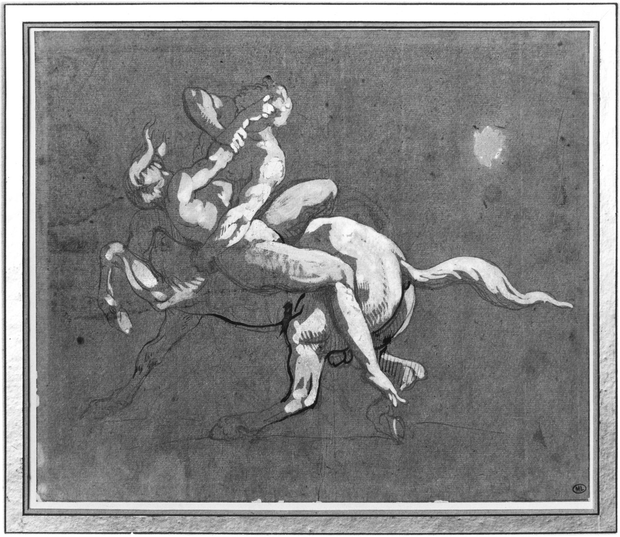Kentaur unáší nymfu (pero a inkoust a kvaš na naolejovaném papíře) od Theodore Gericault