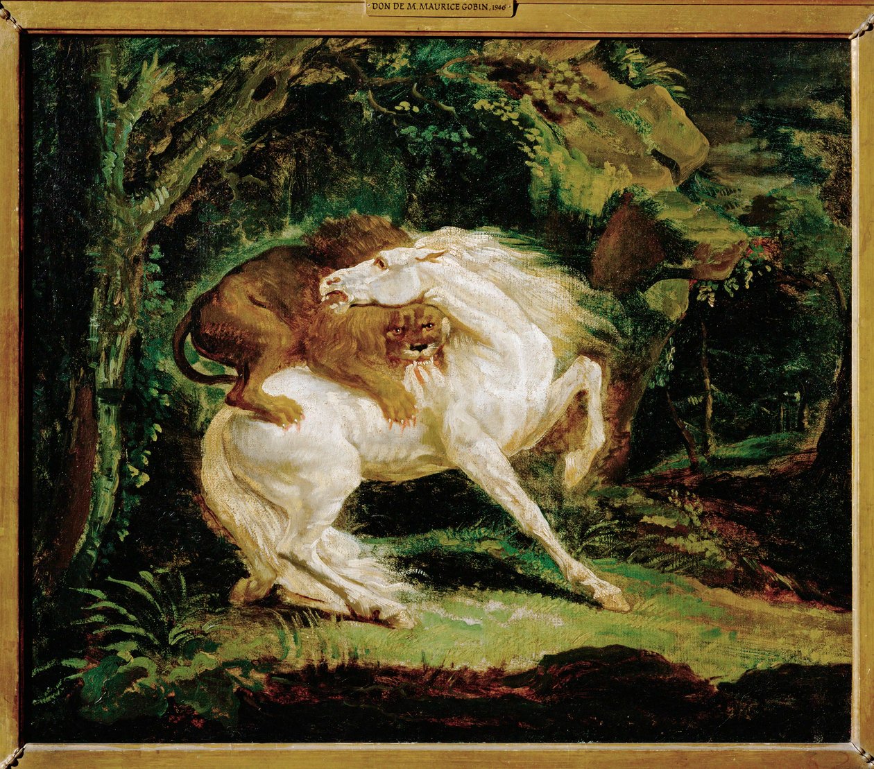 Cheval attaque par un lion - kůň napadený lvem, podle Laurieho leptu a obrazu George Stubbse ... od Theodore Gericault