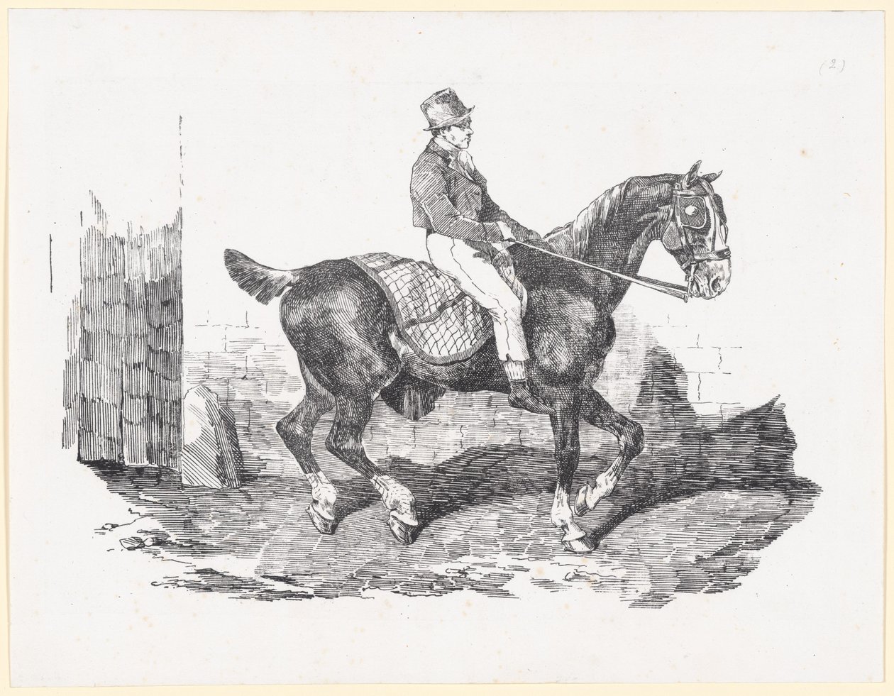 Kočárový kůň, na kterém sedí kočí, nazývaný také anglický kůň s kostkovanou dekou (Carriage Horse Ridden by a Groom, also called English Horse with a Checkered Blanket) od Theodore Gericault