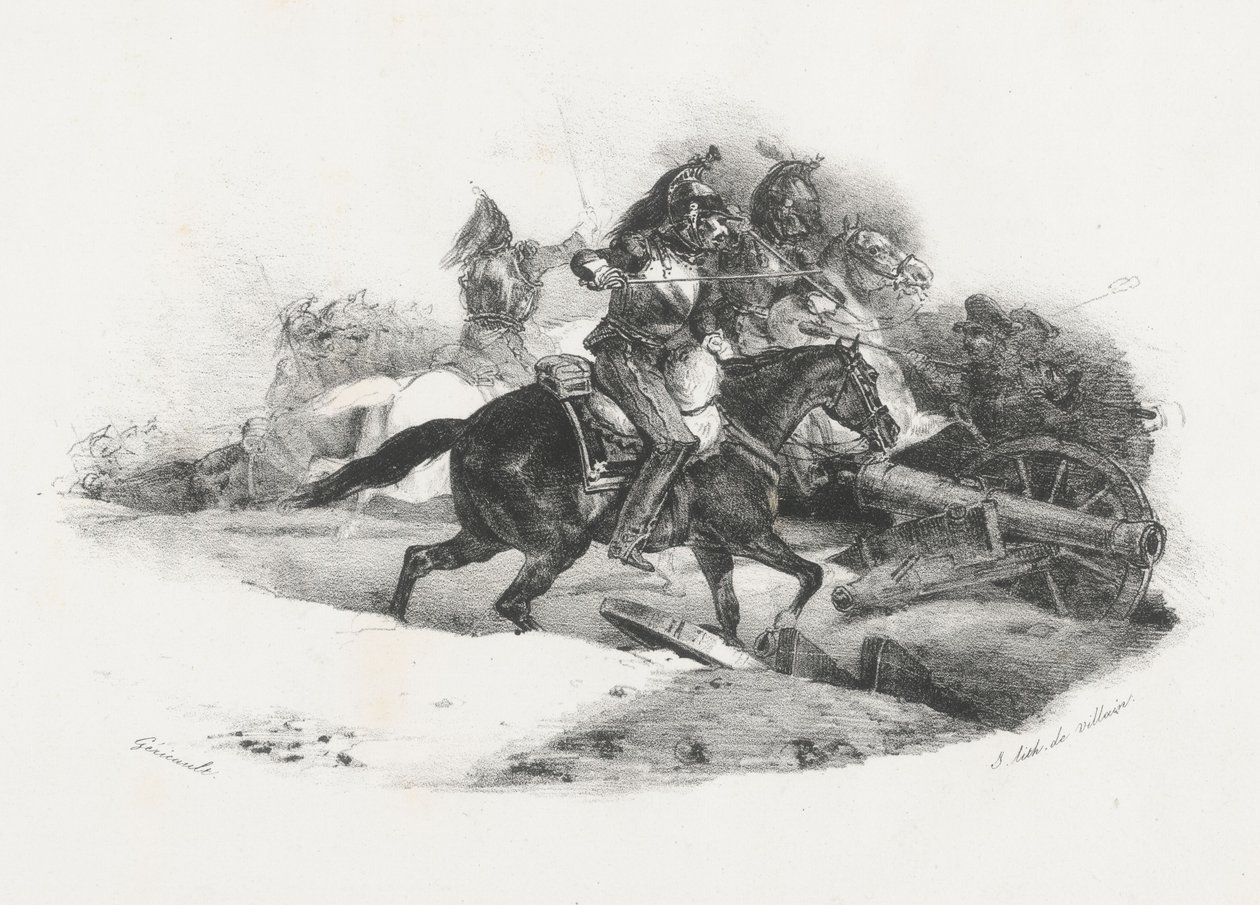 Kyrasiéři útočící na dělostřeleckou baterii (Cuirassiers Charging An Artillery Battery) od Theodore Gericault