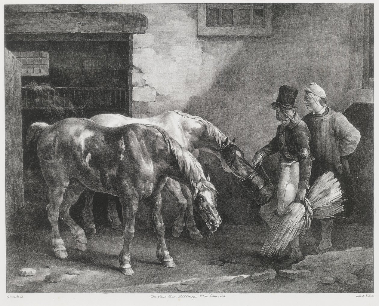 Dva poštovní koně u vchodu do stáje (Two Post-Horses at a Stable Door) od Theodore Gericault