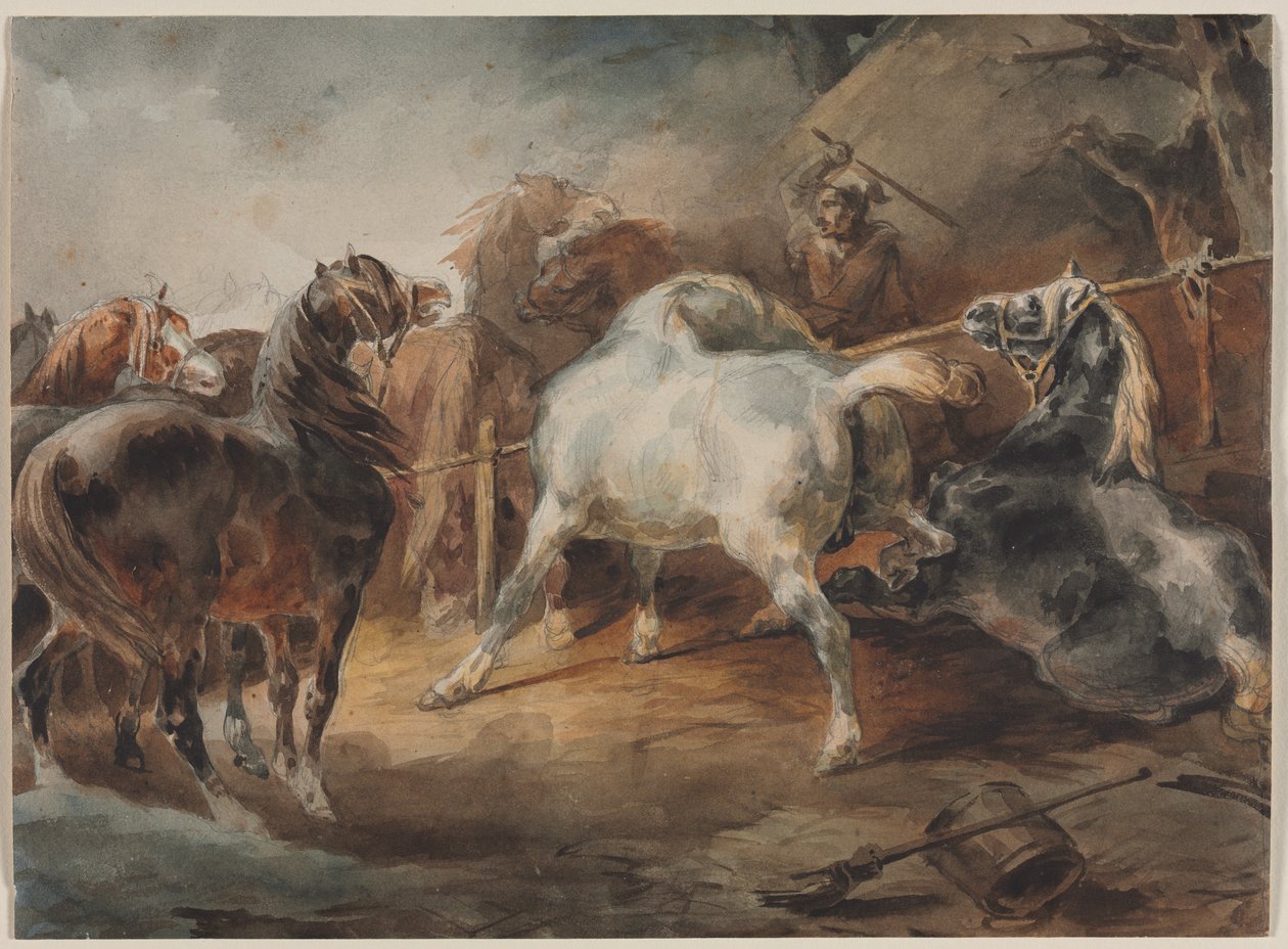 Bojové koně, cca 1820 (akvarel přes grafit na papíře) od Theodore Gericault