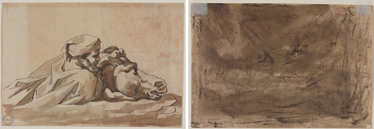 Géricault - Muž svírající koně ve vodě, podle Poussinovy Potopy (recto); Kompoziční studie (možná k Poussinově Potopě) (verso), kolem roku 1816 od Theodore Gericault