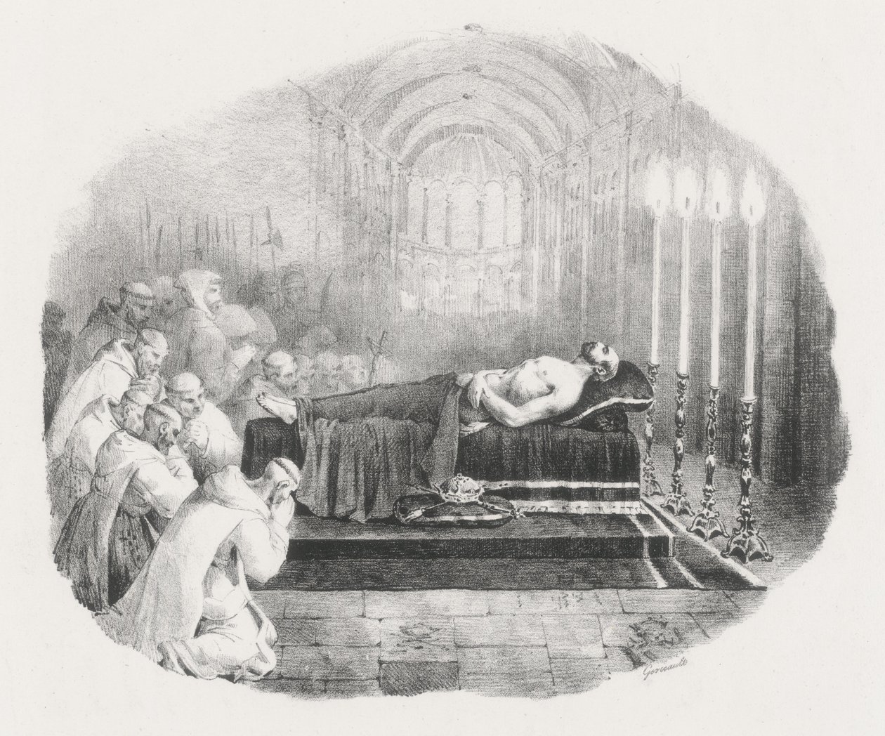 Vilém Dobyvatel, jehož tělo bylo po smrti převezeno do kostela v Boscherville (Vilém Dobyvatel vystaven v kostele opatství sv. Jiří v Boscherville) od Theodore Gericault