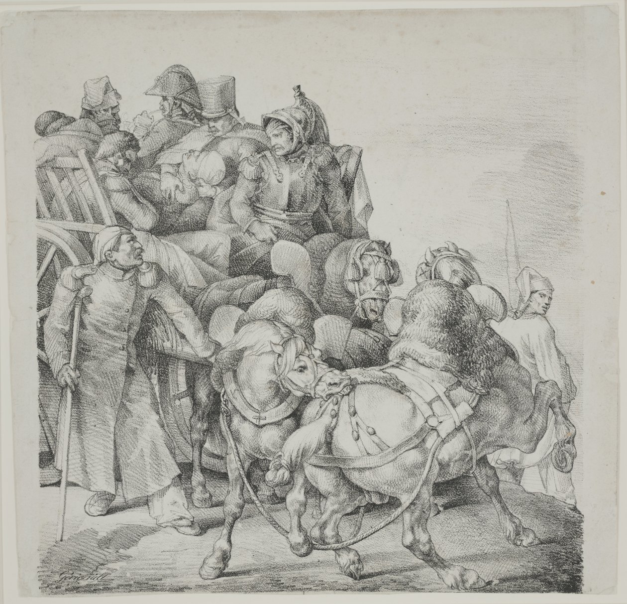 Koňský vozík plný raněných vojáků, litografie C. Motte od Theodore Gericault