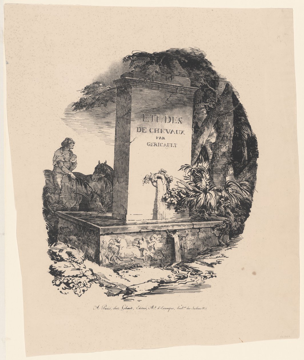 „Napajedlo“, titulní strana knihy „Velcí koně – studie koní“ (The Watering Trough, Title Page for Studies of Horses or The Large Horses) od Theodore Gericault
