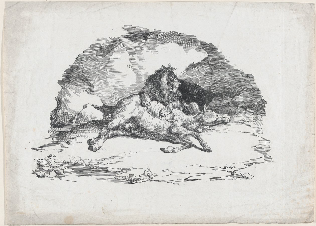 Lev požírající koně od Theodore Gericault