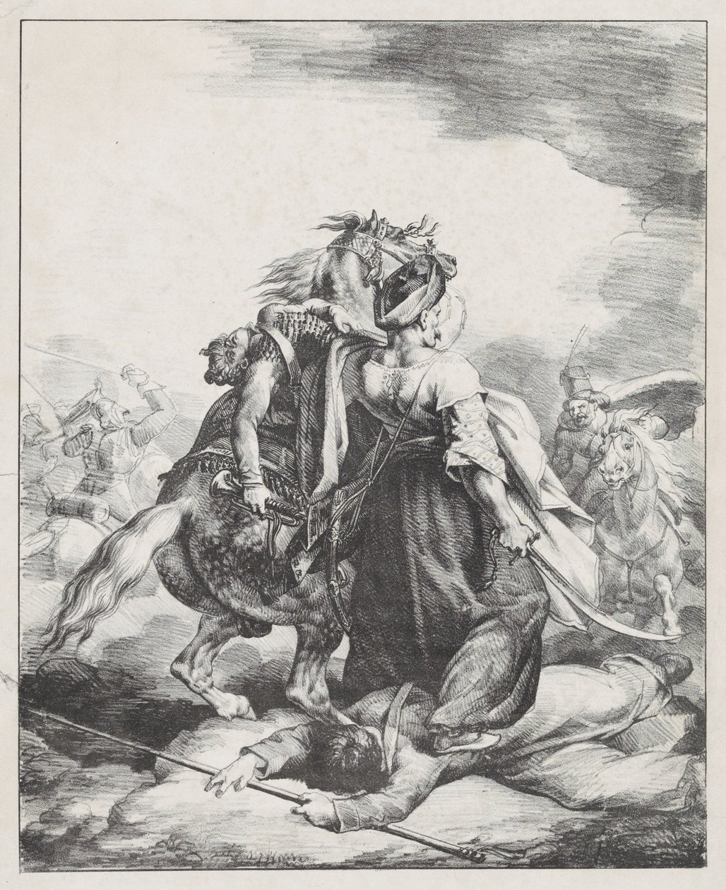 Mameluk z císařské gardy bránící zraněného trubače před kozákem (Egyptský mameluk bránící zraněného francouzského trubače u Waterloo) od Theodore Gericault