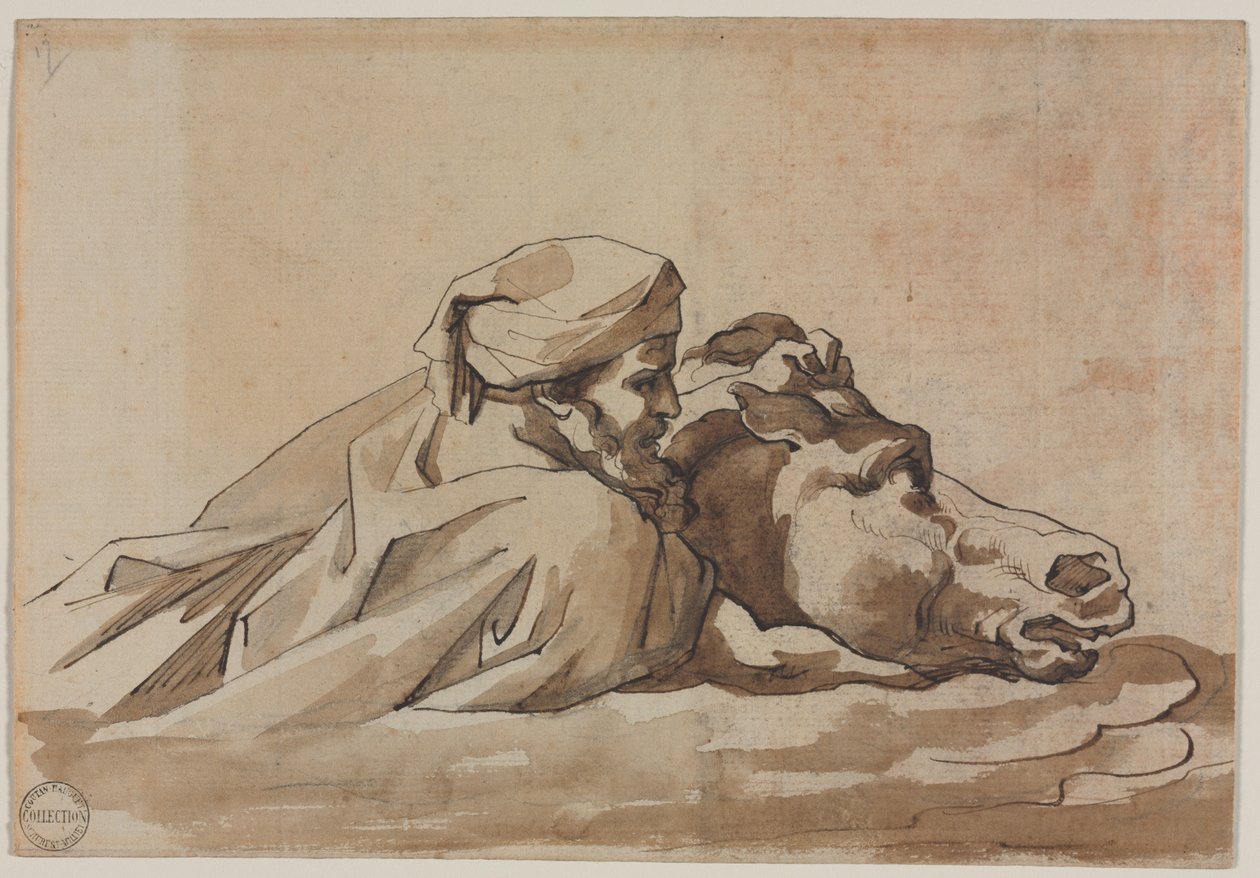 Muž držící koně ve vodě po Poussinově "Potopě" (recto) od Theodore Gericault