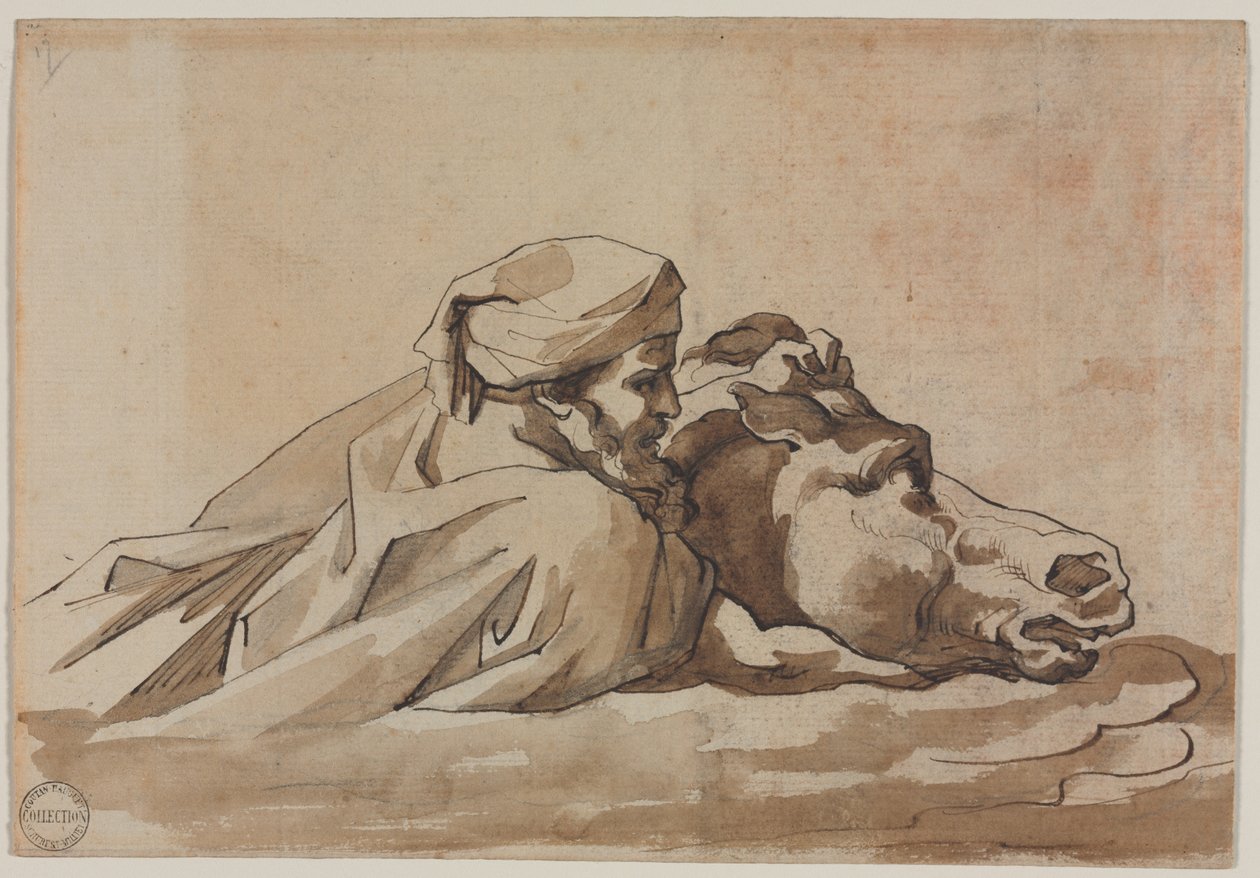 Muž držící koně ve vodě, po Poussins Deluge recto, Compositional Studyverso, c. 18 od Theodore Gericault