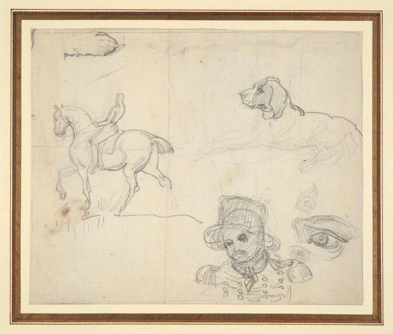 Stránka s náčrtky (jezdec, pes, hlava vojáka) od Theodore Gericault