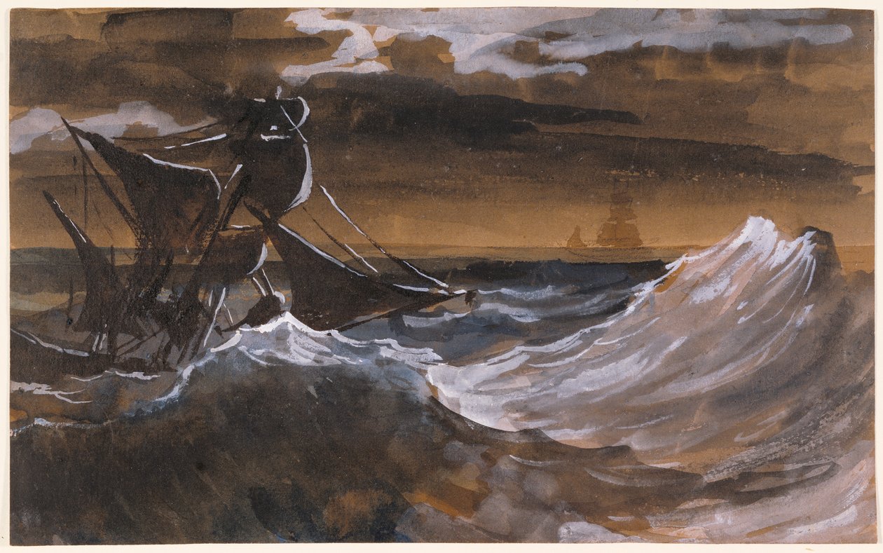 Plachetnice na rozbouřeném moři, asi 1818-9 (štětec a hnědá barva, akvarel na černé křídě) od Theodore Gericault