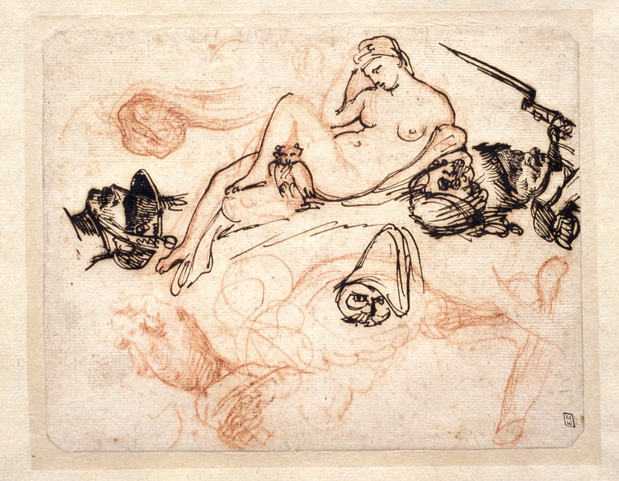 Studijní list s Michelangelovou „Nocí“, granátníkem a dalšími skicami od Theodore Gericault