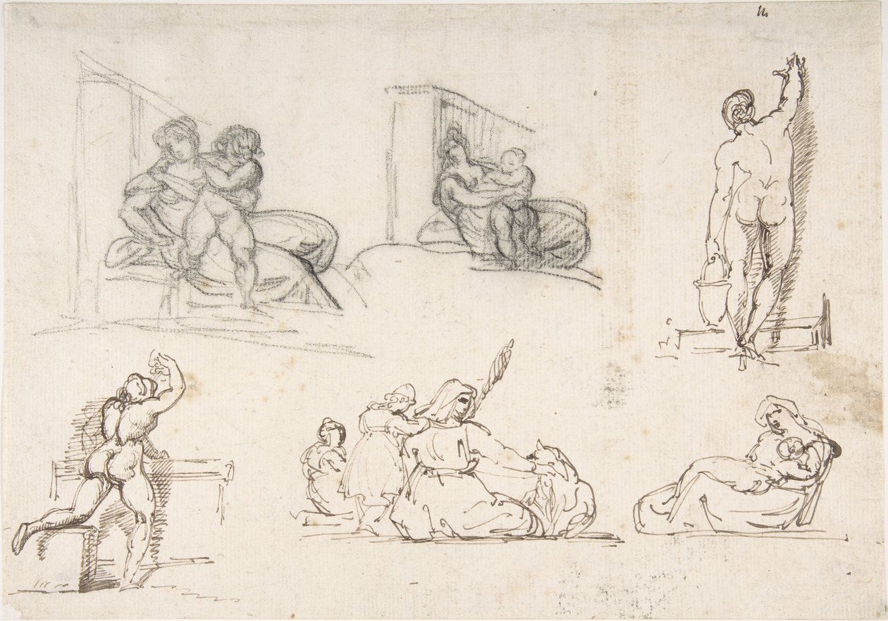 Šest studií, z nichž čtyři jsou k obrazu „Chudá italská rodina“ od Theodore Gericault