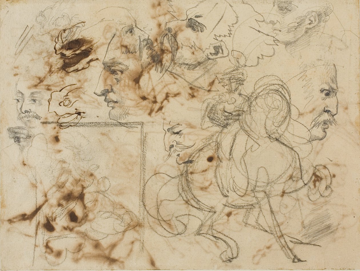 Náčrty mužských tváří, koňských tlam a jízdních vojáků od Theodore Gericault