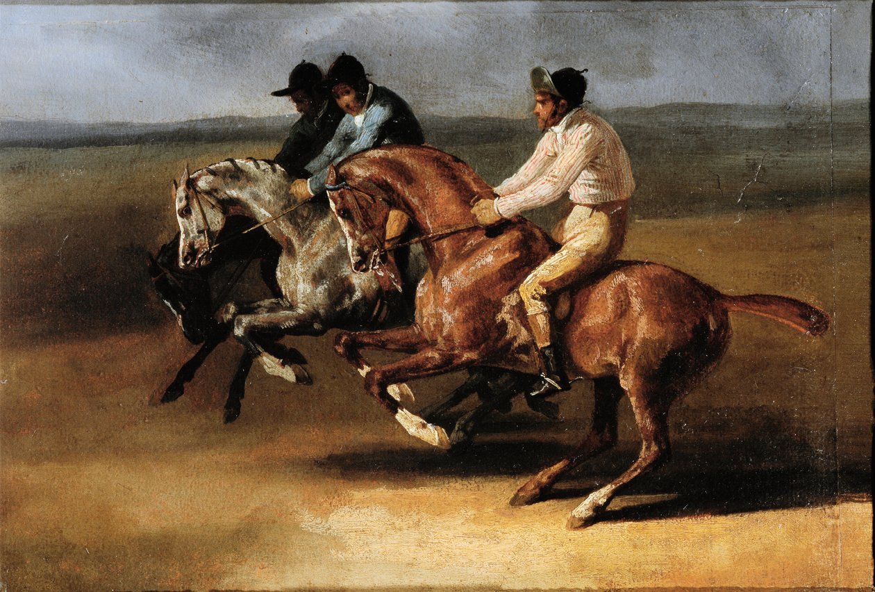 Start koňského závodu s jezdci (Olej na plátně od Theodore Gericault