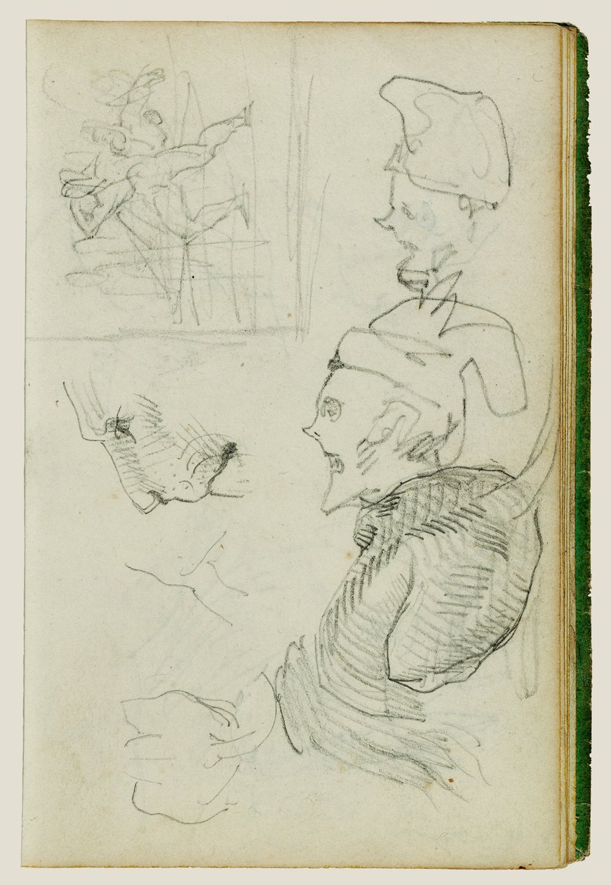 Studie lva, kompoziční studie skupinové figury, dvě studie karikovaných hlav od Theodore Gericault