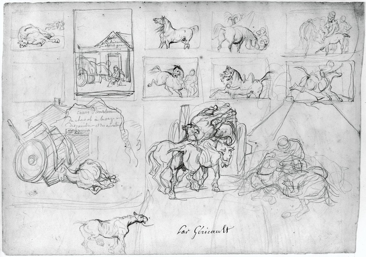 Studie koní (líc); Vůz, za nímž kráčí nosič cedule (rub) od Theodore Gericault
