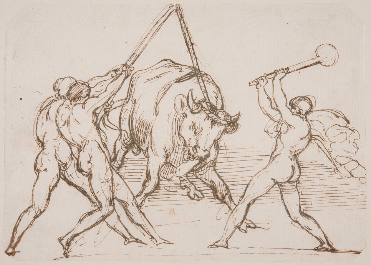 Tři muži provokující býka od Theodore Gericault