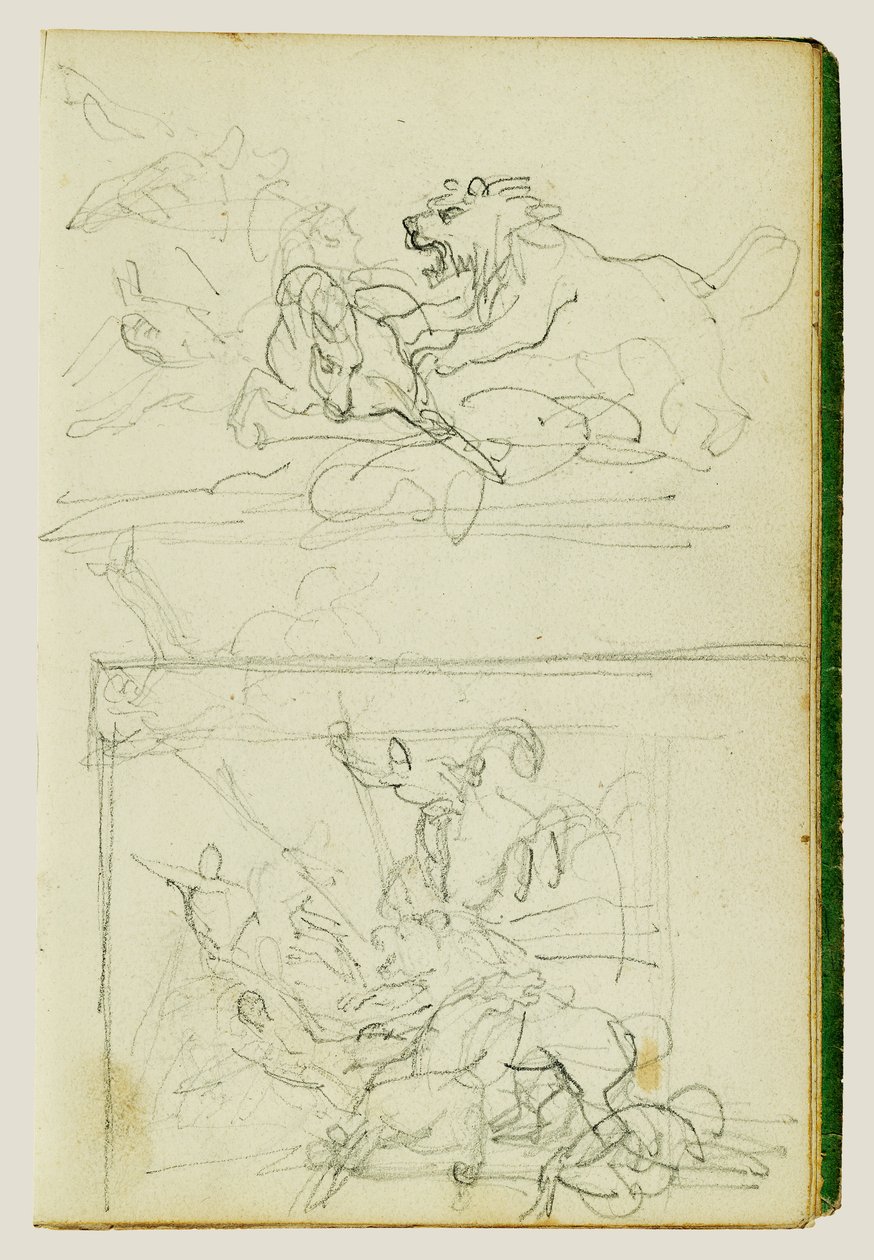 Dvě kompoziční studie lovu lva od Theodore Gericault