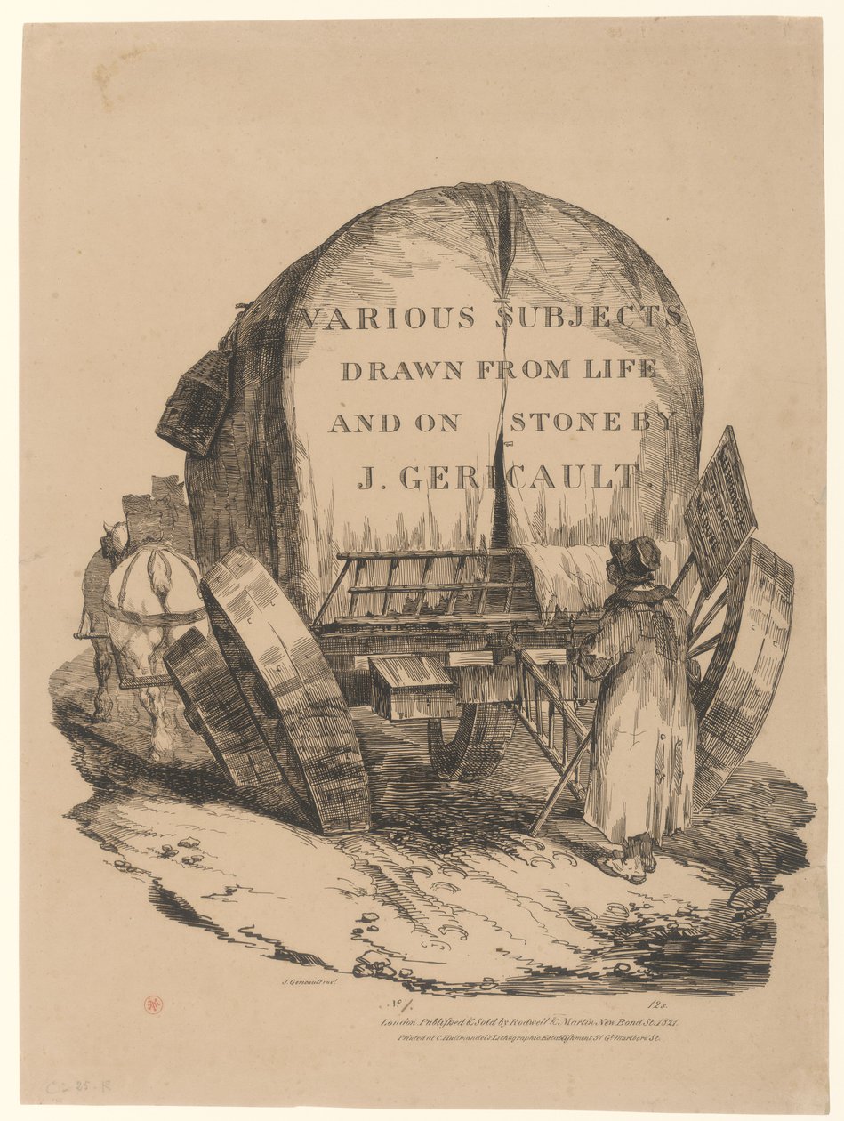 Přepravní vůz s koněm (název anglické série) [A Hitched Wagon or A Horse-Drawn Cart (titulní strana anglické série)] od Theodore Gericault