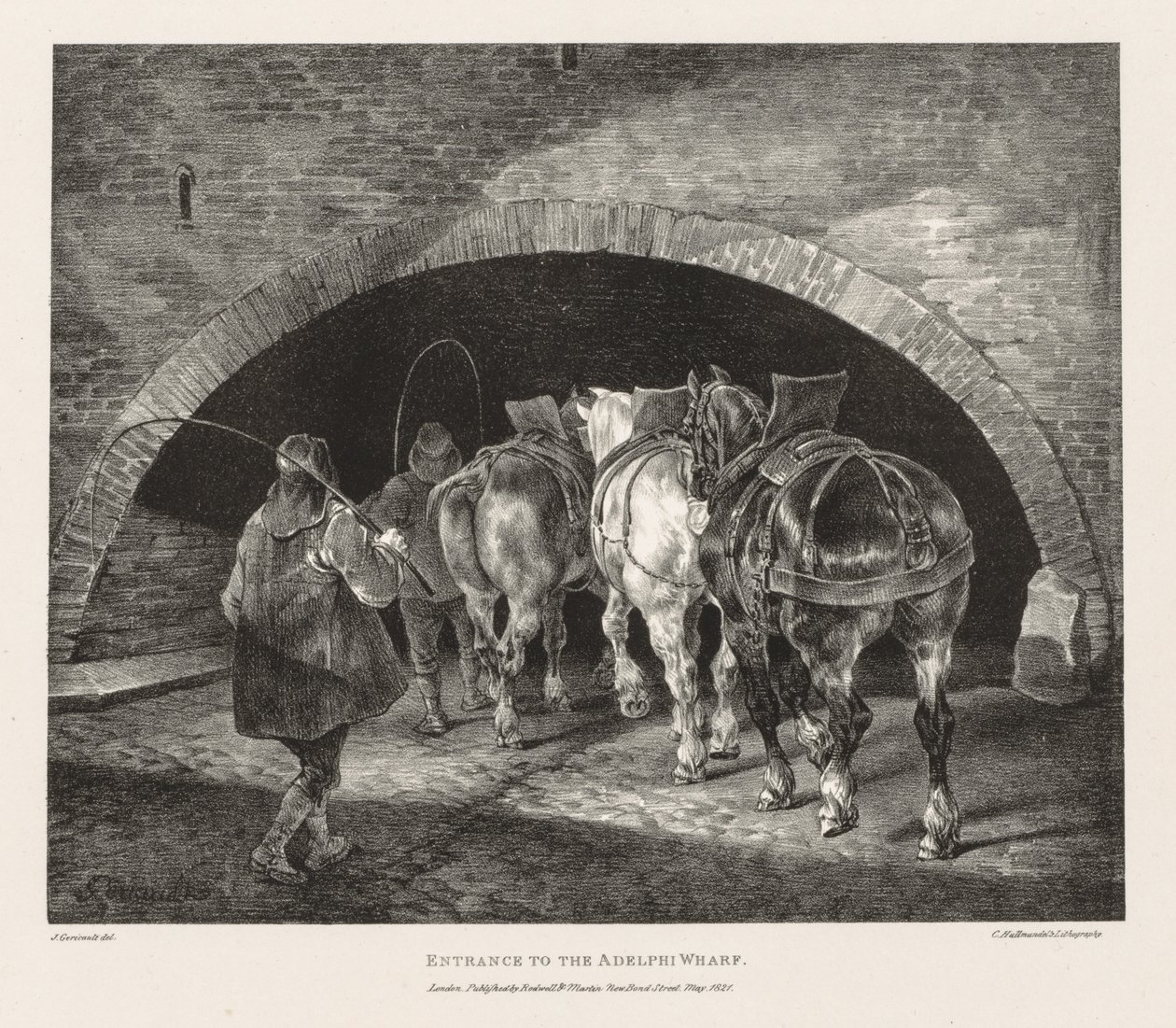 Různé předměty čerpané ze života a na kameni: Vstup do Adelphi Wharf, 1821. od Theodore Gericault