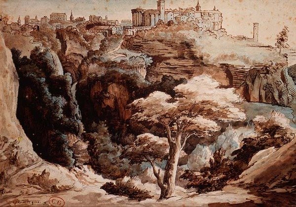 Pohled na Tivoli (tužka, pero a hnědý inkoust, akvarel) od Theodore Gericault