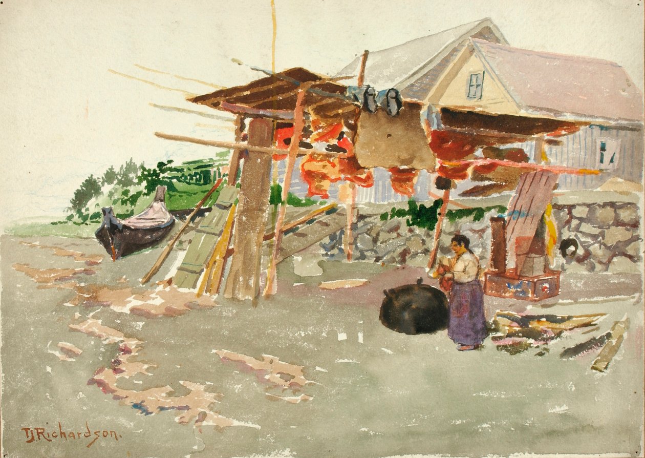 Sušení lososa, Indian Village, Aljaška, ca. 1880-1914. od Theodore J. Richardson