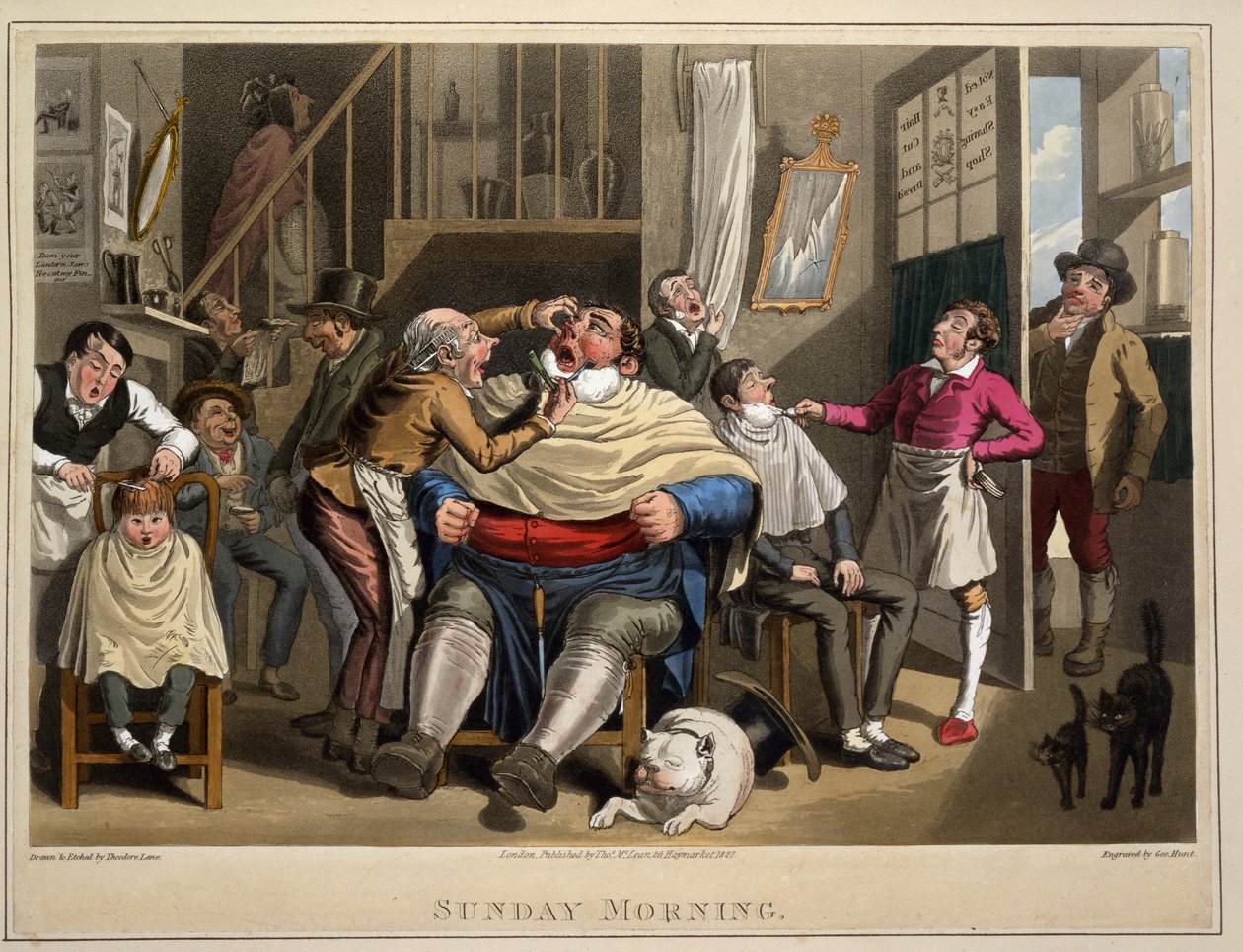 Nedělní ráno, Ing. George Hunt, hospoda. Thos. McLean, Londýn, 1827 (ručně kolorovaná rytina) od Theodore Lane