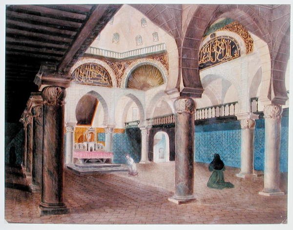 Interiér mešity přeměněné na biskupský palác, Alžír, kolem roku 1835 (akvarel na papíře) od Theodore Leblanc