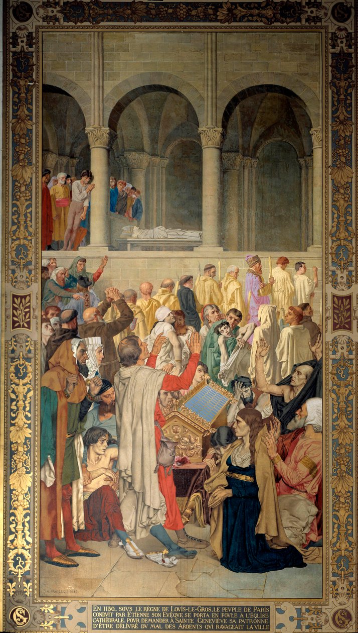 Král Ludvík VI. řekl, že Gros (1081-1137) a obyvatelé Paříže v čele s eveque Etiennem požádali o ochranu Sainte Genevieve, patronku města proti zlu Ardent (neboli ergotismu) v roce 1130 Obraz Theodora Maillota ( 1826-1898) 1885 od Theodore Pierre Nicolas Maillot