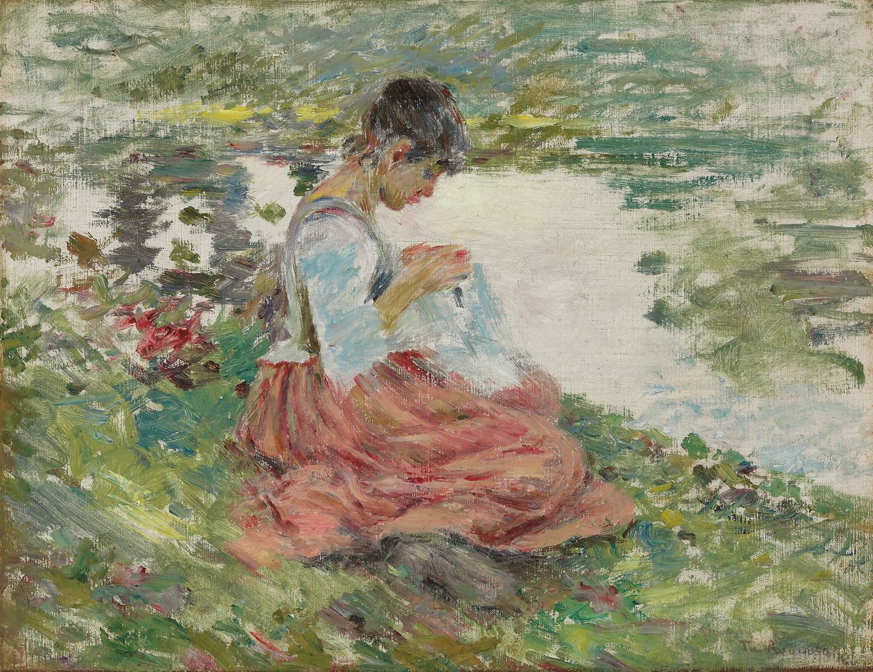 Girl Sewing by River, kolem roku 1891 od Theodore Robinson