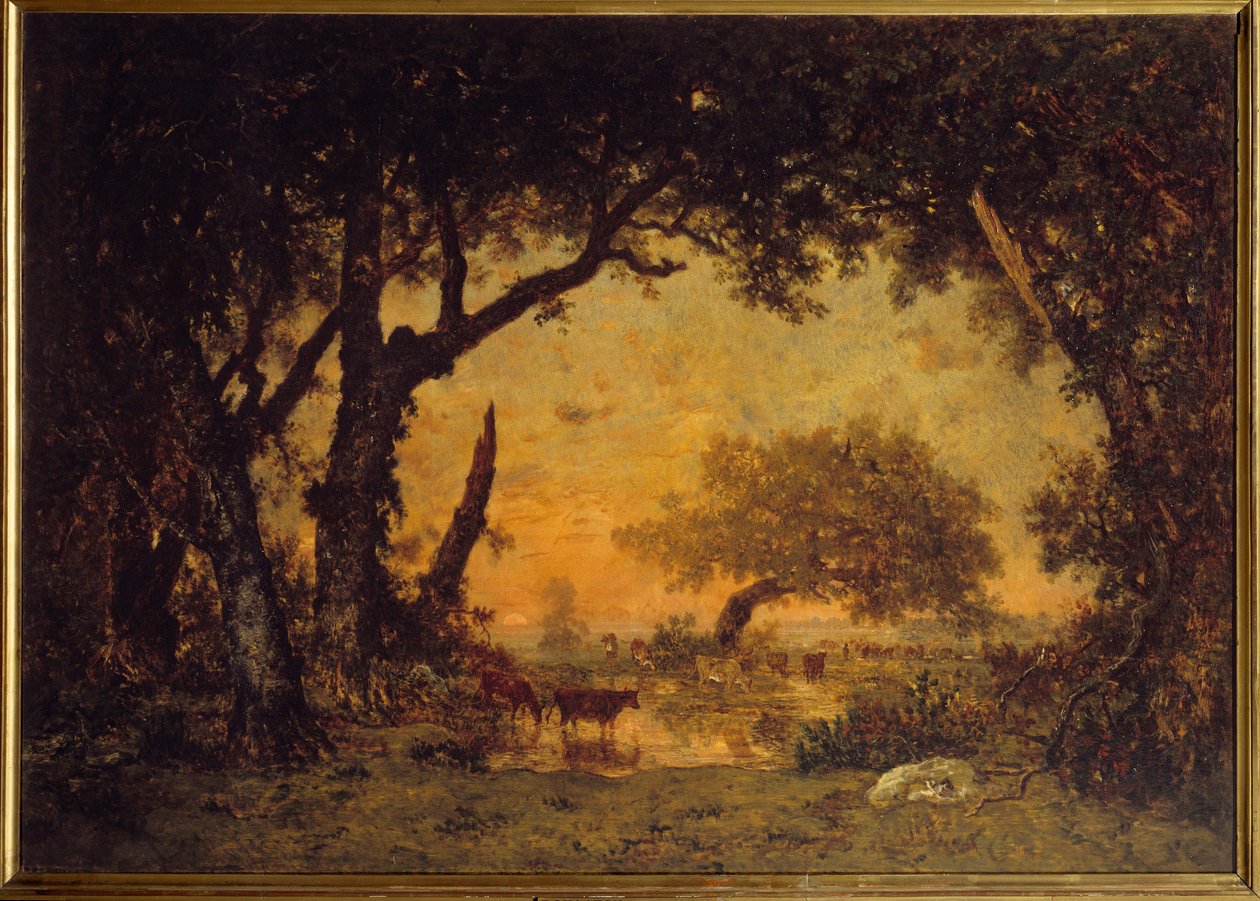 Východ z lesa ve Fontainebleau, západ slunce Malba Theodora Rousseaua (1812-1867) 19. století Sun. 1,42 x 1,97 m od Pierre Etienne Theodore Rousseau