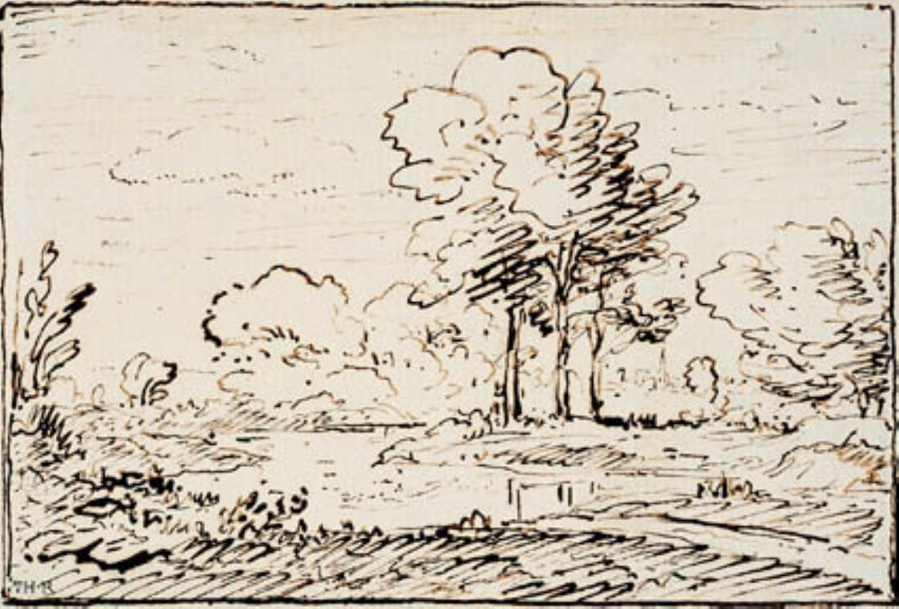 Krajina se třemi vysokými stromy u nábřeží řeky od Theodore Rousseau