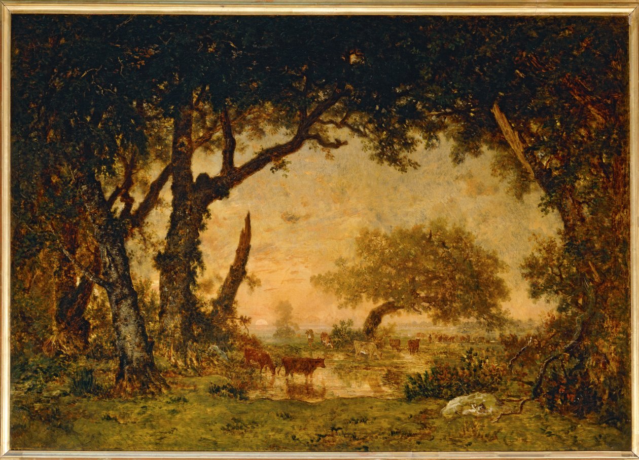 Výstup z lesa u Fontainebleau, západ slunce... od Theodore Rousseau