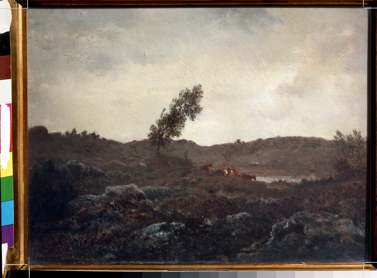 Pohled na Barbizon (View of Barbizon). Obraz Theodora Rousseaua (1812-1867). Olej na dřevě, 24 x 32 cm, konec 1840. Francouzská škola Barbizon. Puškinovo muzeum výtvarných umění, Moskva. od Theodore Rousseau