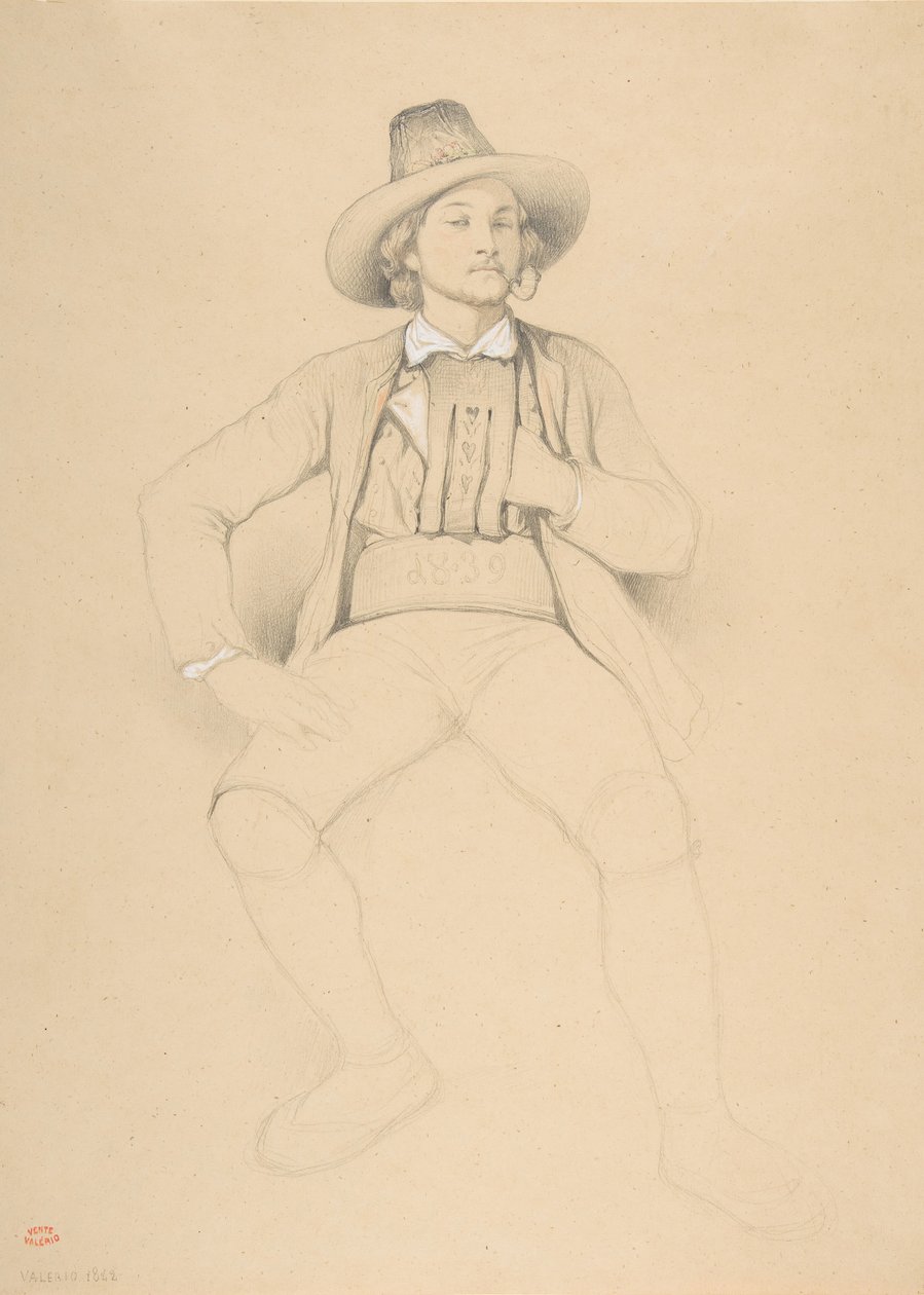 Muž v tyrolském kostýmu, sedící, kouří dýmku, 1842. od Theodore Valerio