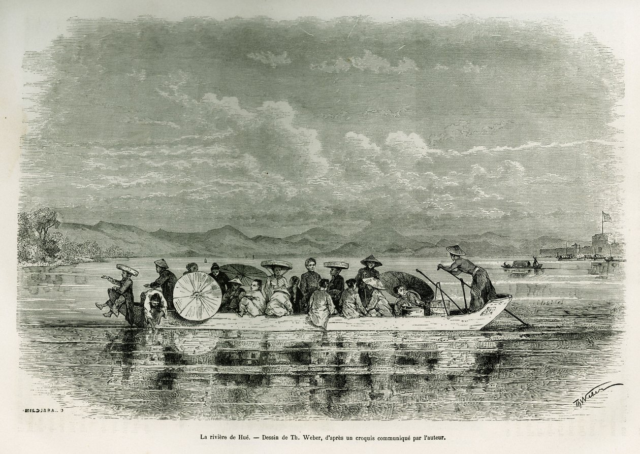 Loď na řece Hue (Vietnam), kresba Th. Webera, pro ilustraci příběhu osmidenního velvyslanectví v Hue (Království Annam), v roce 1875, panem Brossardem de Corbigny, poručíkem (N), připojeným k misi. Rytina v Le tour du monde od Theodore Weber