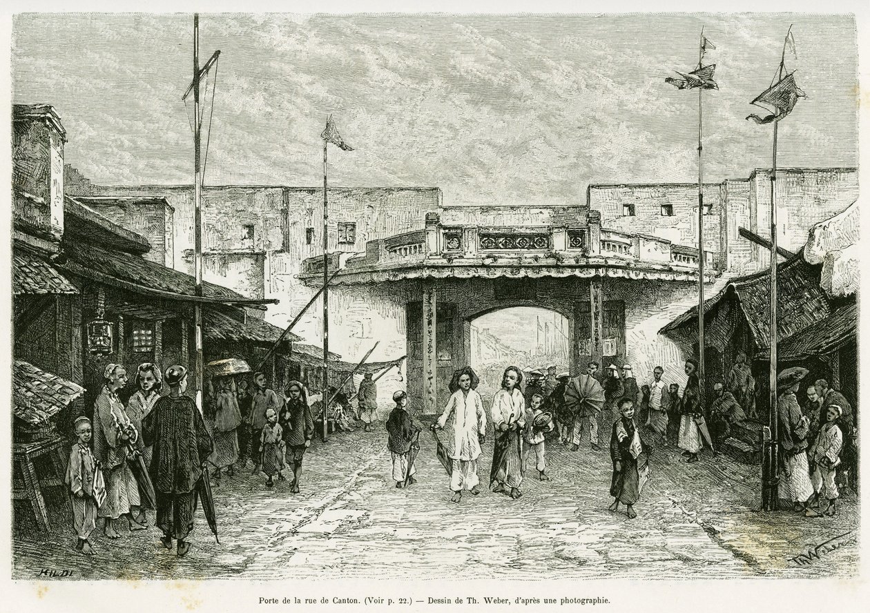Canton Street Gate v Hanoji. Rytina Th. Weber, z fotografie, pro ilustraci příběhu Trente mois au Tonkin v roce 1884, od doktora Hocquarda, v tour du monde 1889, pod vedením Edouarda Chartona (1807-1890), Hachette, Paříž. od Theodore Weber