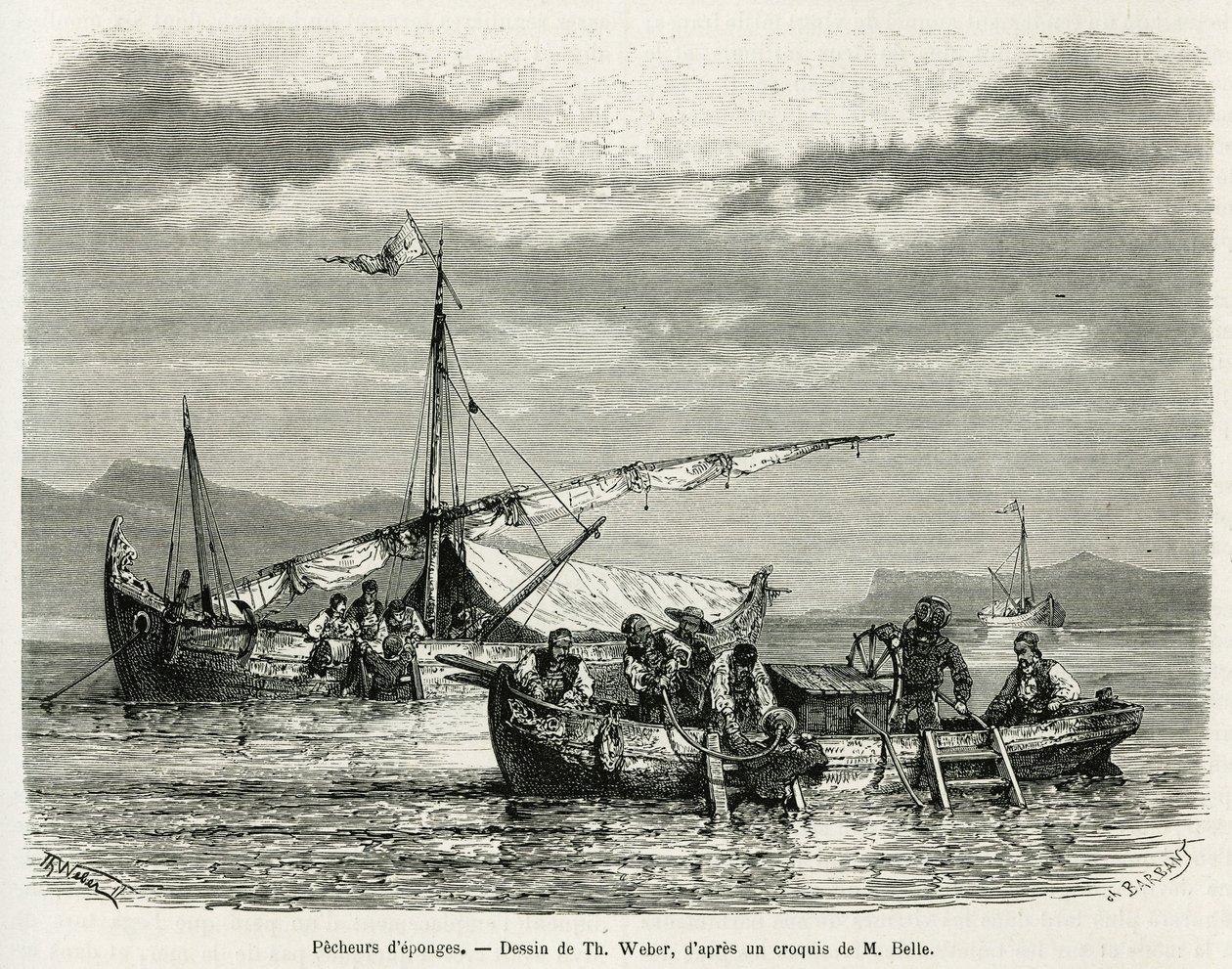 Sponge Fishermen in the Gulf of Nafplio, kresba The. Webera, pro ilustraci příběhu o cestě do Řecka v letech 1861, 1868 a 1874 od Henriho Belleho. Rytina v Le tour du monde od Theodore Weber