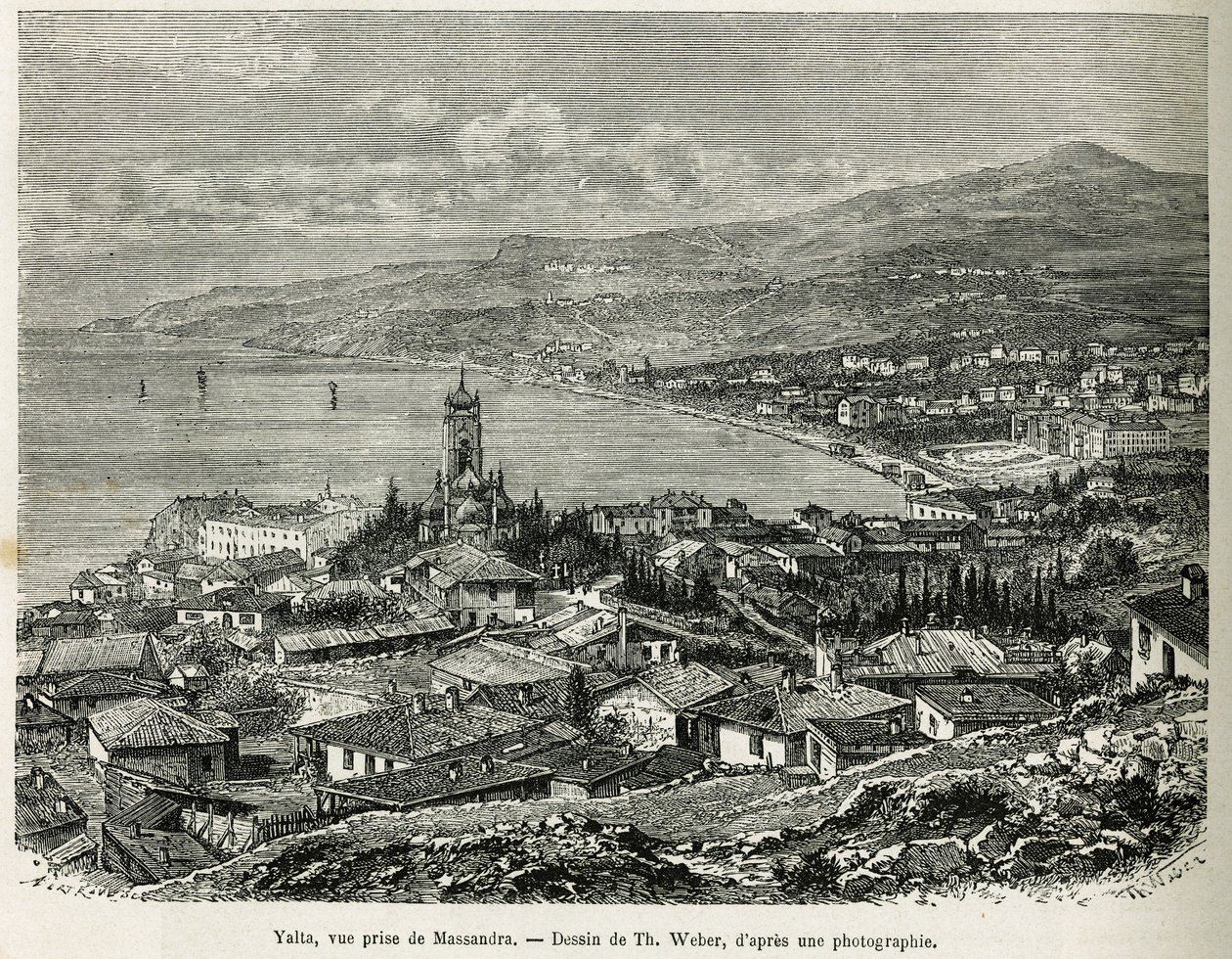 Město Jalta, převzato z Massandry, kresba Th.Webera, pro ilustraci příběhu Čtyři měsíce v Rusku z roku 1876 od F. De Melyho. Rytina v Le tour du monde od Theodore Weber