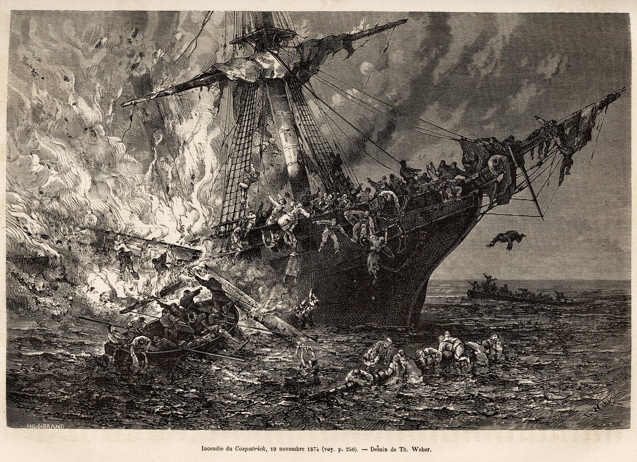 Požár lodi Cospatrick, britské lodi přepravující více než 400 emigrantů na Nový Zéland, dne 19. listopadu 1874, vyrytý podle kresby T. Webera, ilustrující studium bouří a plaveb, od pana Zurchera a pana Margolleho v roce 1870-1874, vyd od Theodore Weber