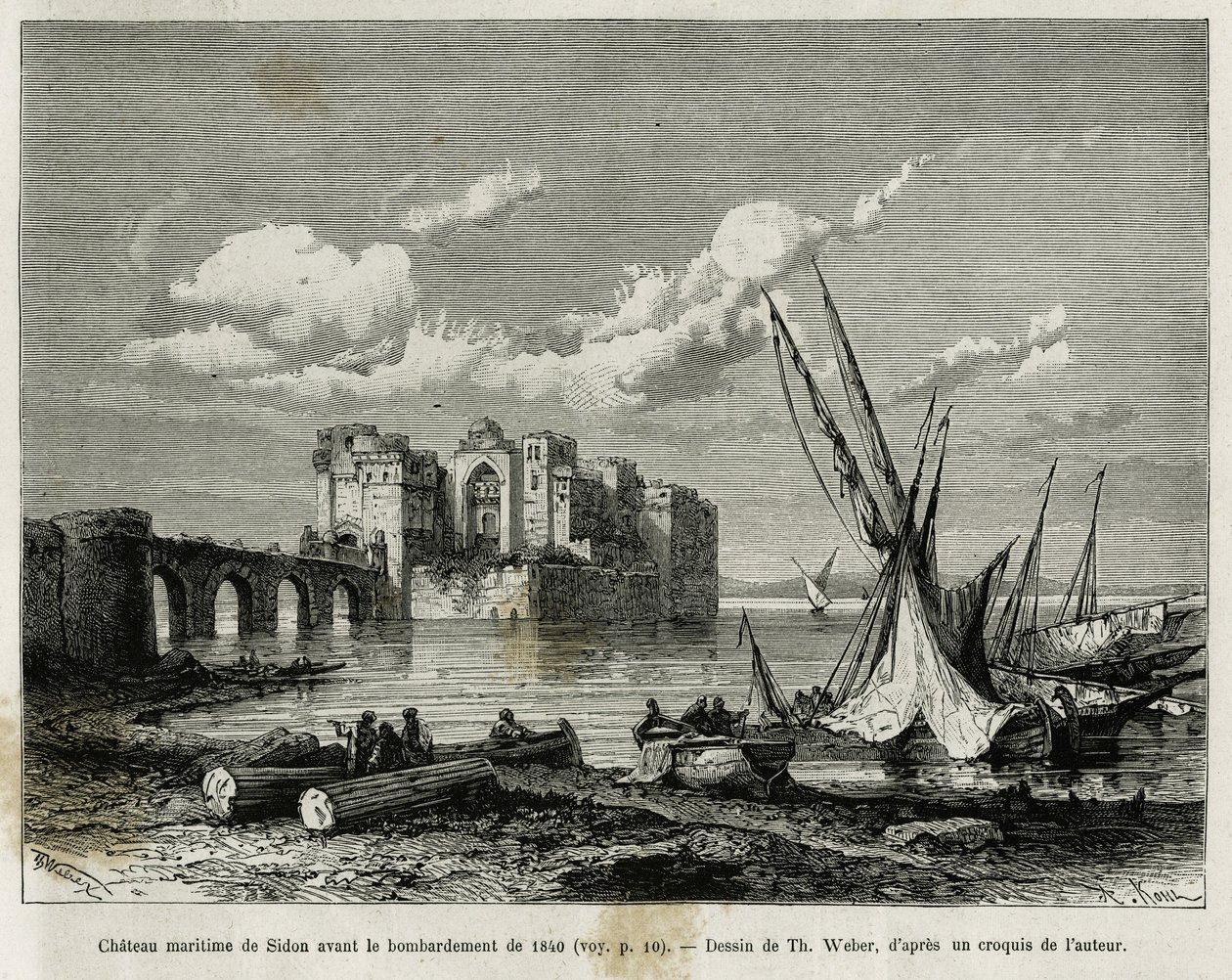 Námořní hrad Sidon před bombardováním v roce 1840. Rytina Th. Webera, pro ilustraci příběhu La Syria d